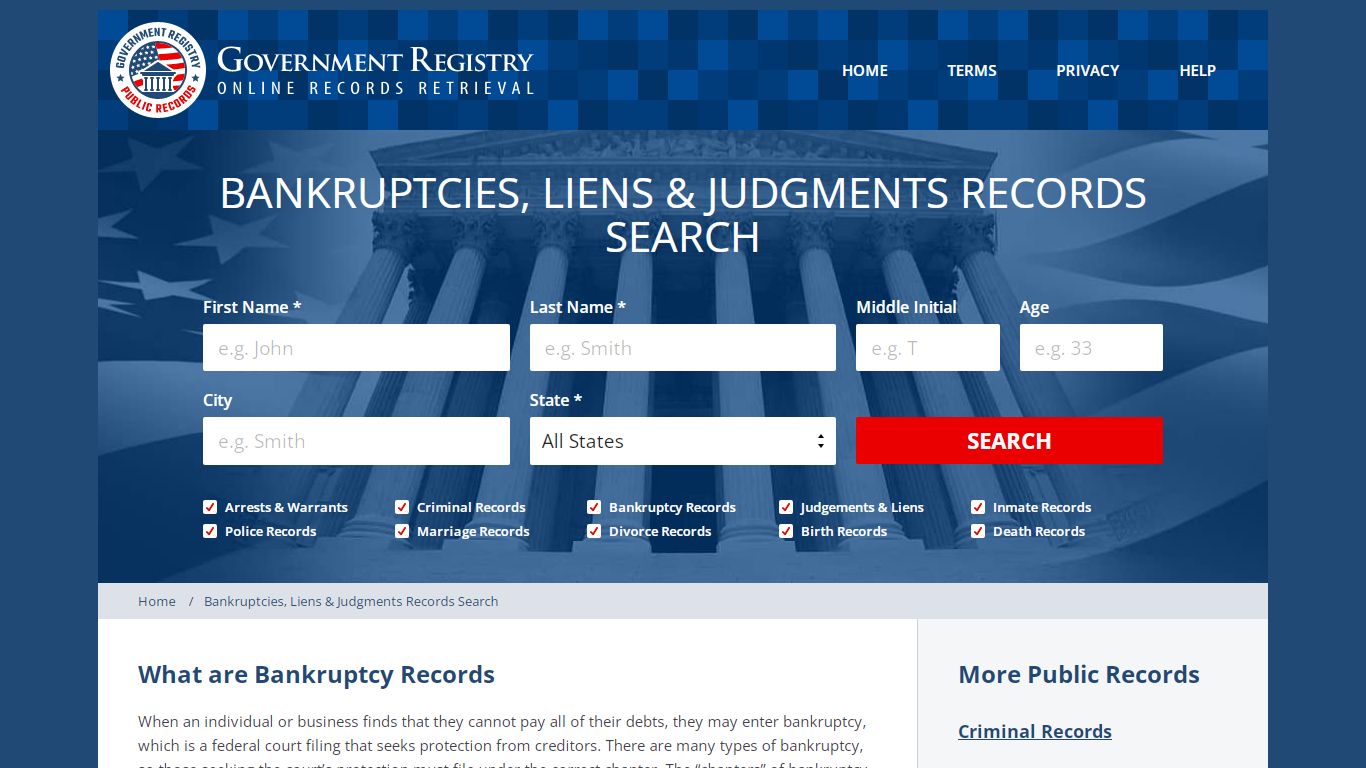 Bankruptcies, Liens & Judgments Records Search
